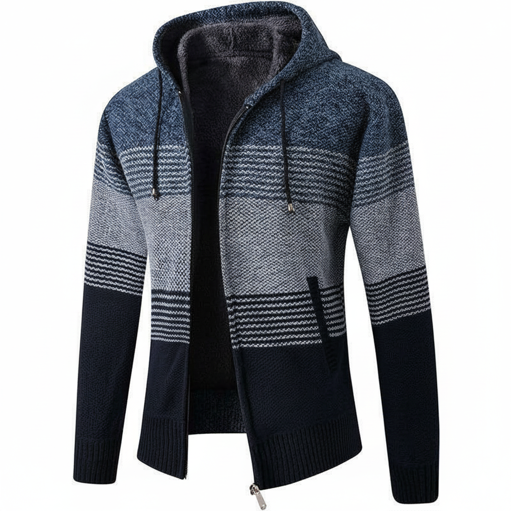 Mens Knitted Hoodie Zip Up Jacket With Striped Pattern Cozy Casual Cardigan For Everyday Wear