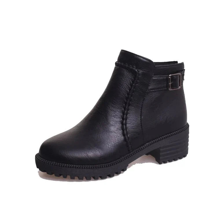Liora Women's Ankle Boots With Low Chunky Heel Waterproof PU Leather Buckle Strap