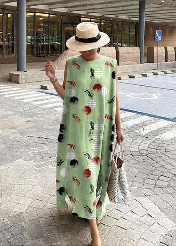 TrendAura Bohemian Linen Cotton Maxi Dress With Side Slit White Floral Print For Women Everyday Comfort