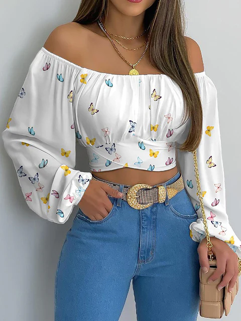 Off Shoulder Crop Top Boho Elegant Long Sleeves With Elastic Neckline Flattering Fit For Women