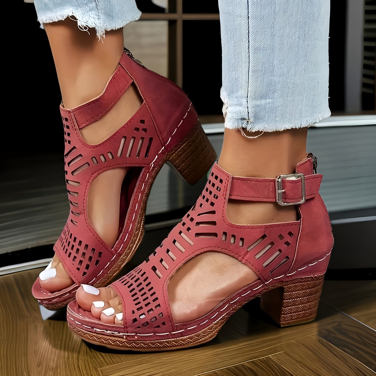 Women's Sandals with Block Heel and Adjustable Strap