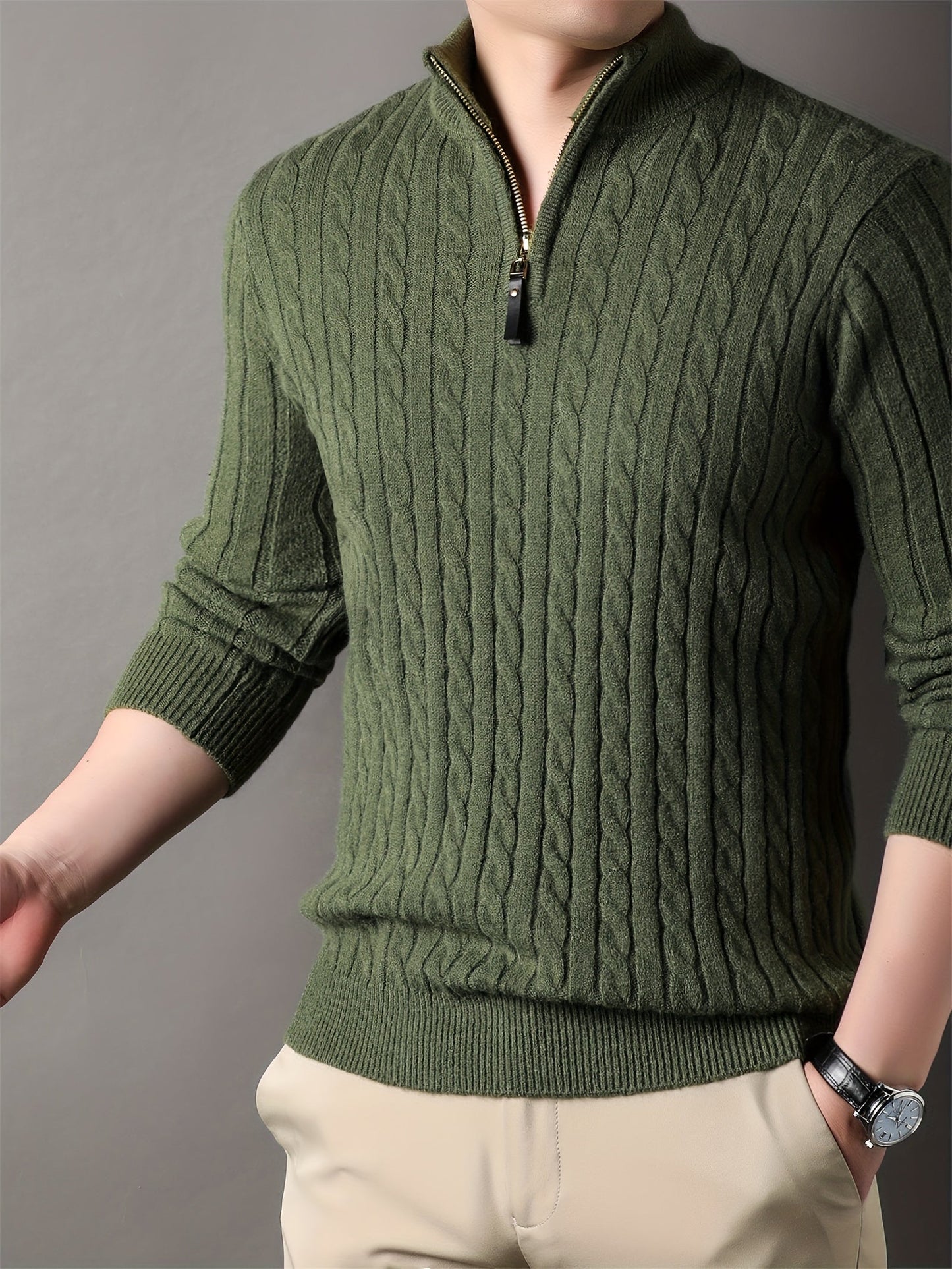 Jayden Mens Ribbed Pattern Half Zip Cable Knit Winter Sweater For Warm Comfort Everyday Wear