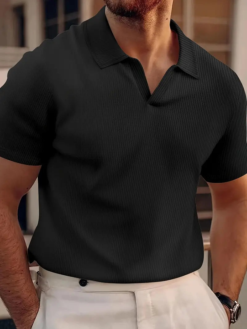 Men's Ribbed Knit Polo Shirt Short Sleeve V Neck Comfortable Stylish Everyday Essential