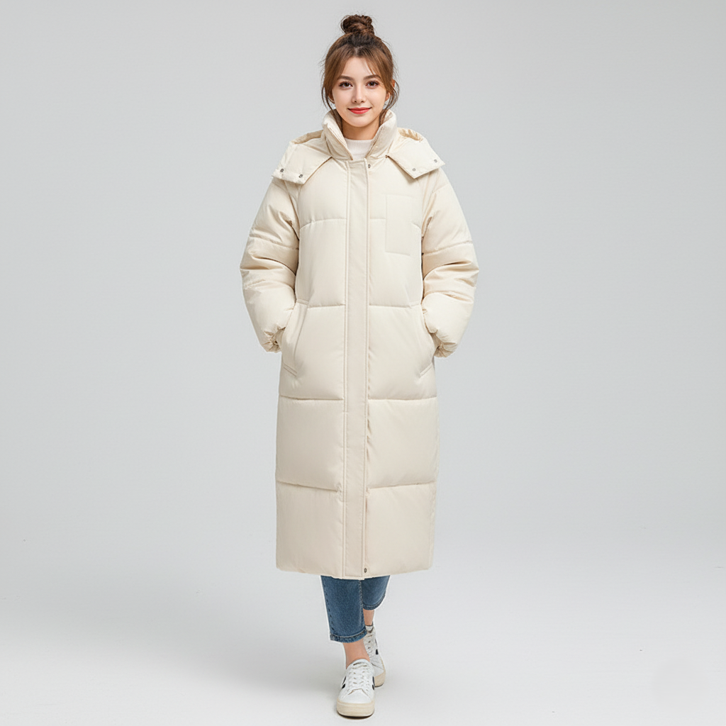 Women’s Long Puffer Trench Coat – Oversized Fit – Quilted Insulated – Hooded High Collar