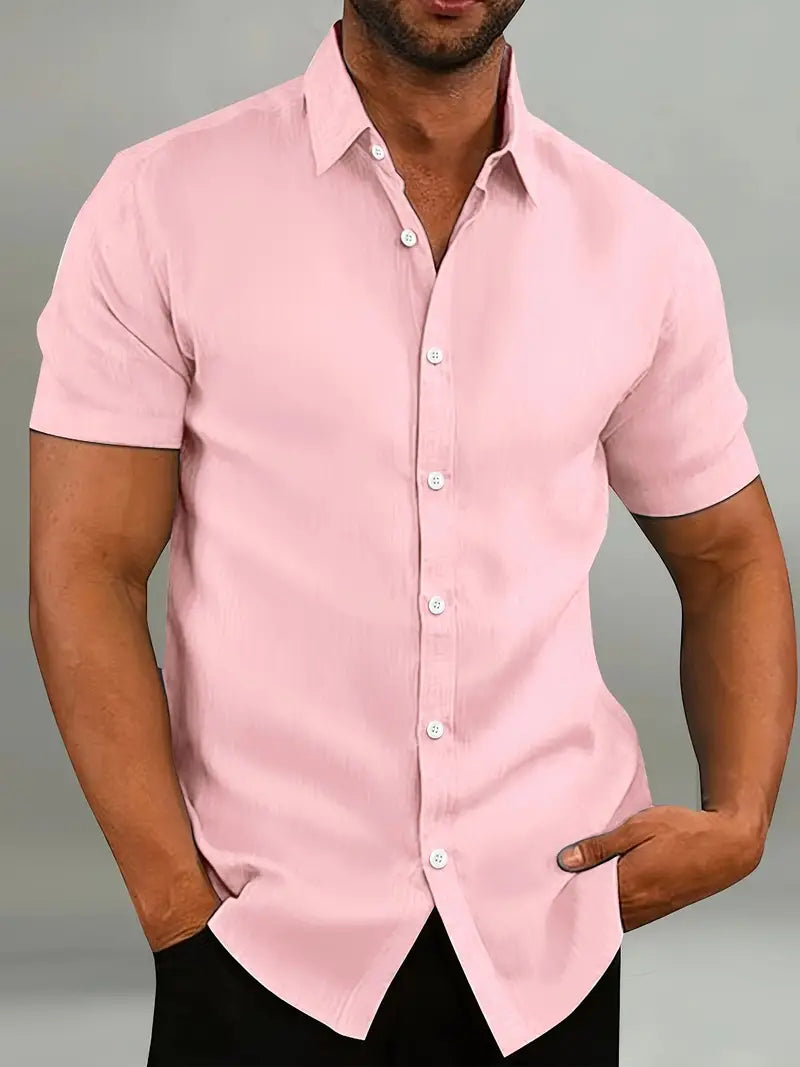 Light Blue Mens Short Sleeve Shirt Slim Fit Button Closure Classic Collar For Casual To Formal Wear
