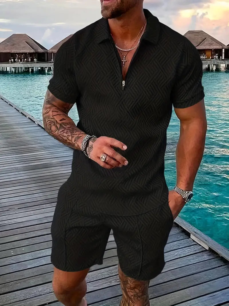 Mens Textured Zipper Polo Set Shirt And Shorts For Beach Or Lounge Bold Modern Comfort