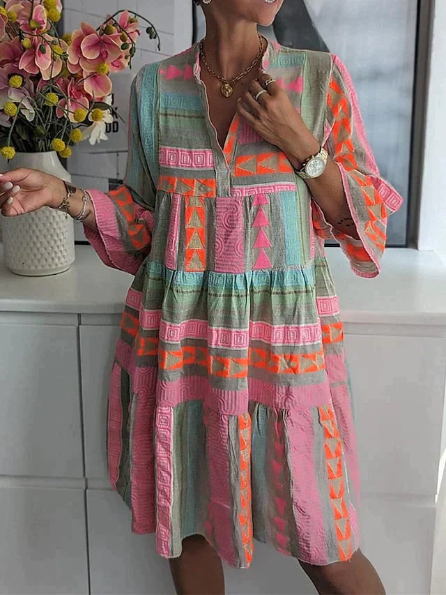 Mabel Elegant Midi Dress For Women With Deep V Neck And Striking Pattern Glamorous Party Wear