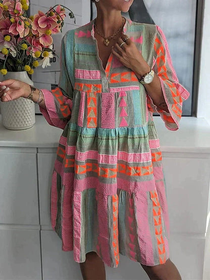 Mabel Elegant Midi Dress For Women With Deep V Neck And Striking Pattern Glamorous Party Wear