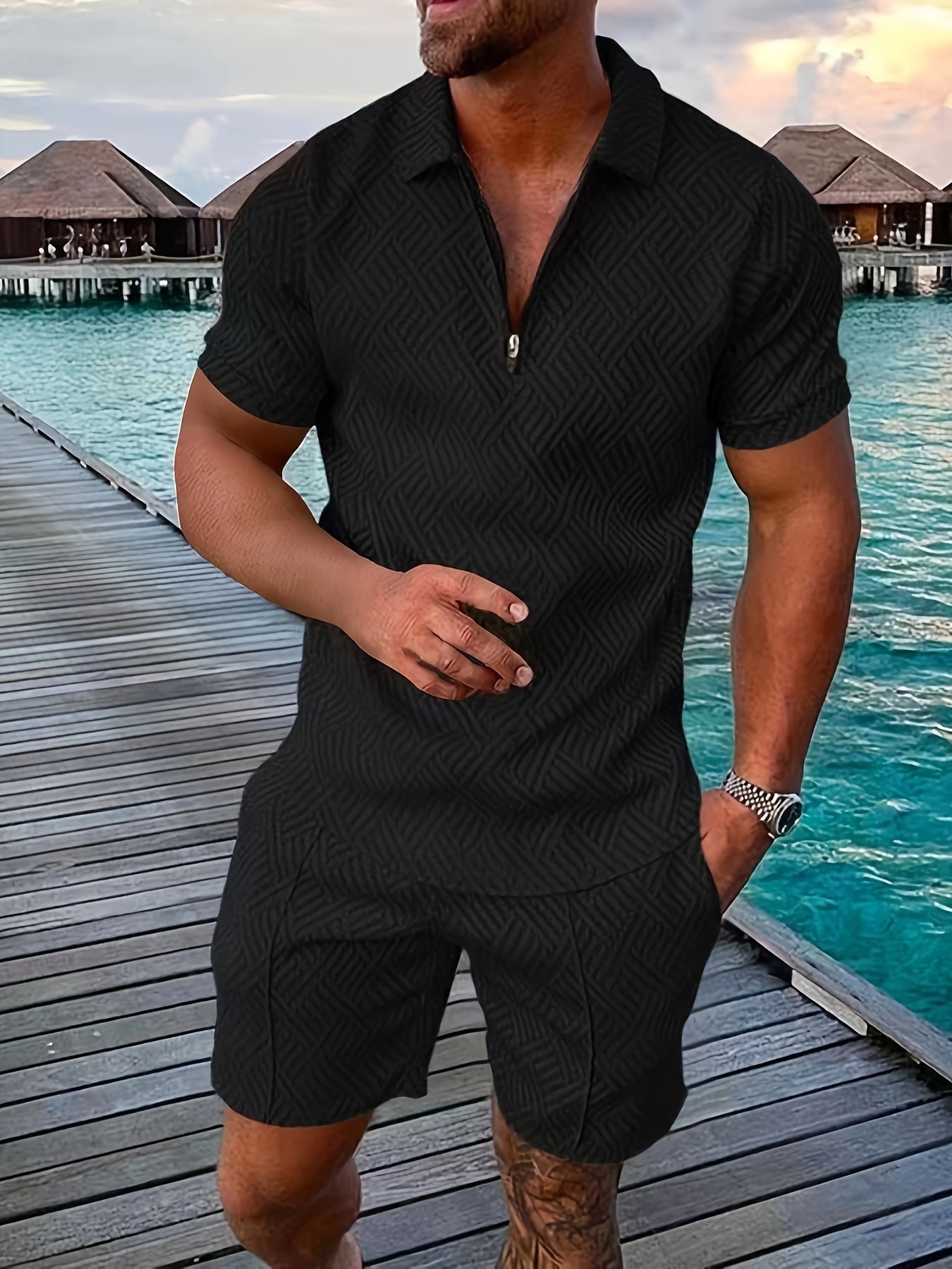Men's Romper Breathable Cotton Blend Short Sleeve With Zipper Closure Geometric Design