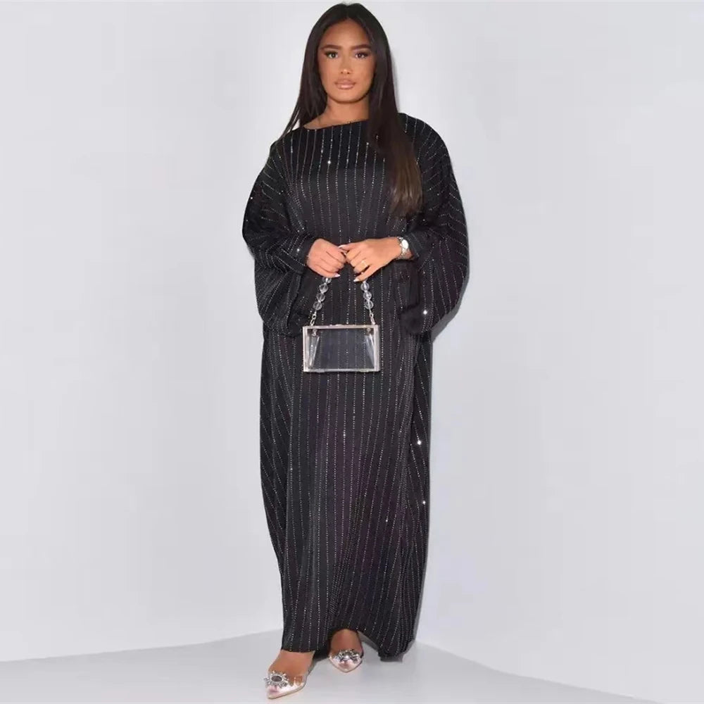 Mathilde Striped Evening Abaya for Women with Flowing Cut and Luxurious Loose Fit Comfort