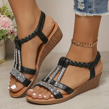 Women's Woven Sandals with Rhinestone Detail and Adjustable Strap