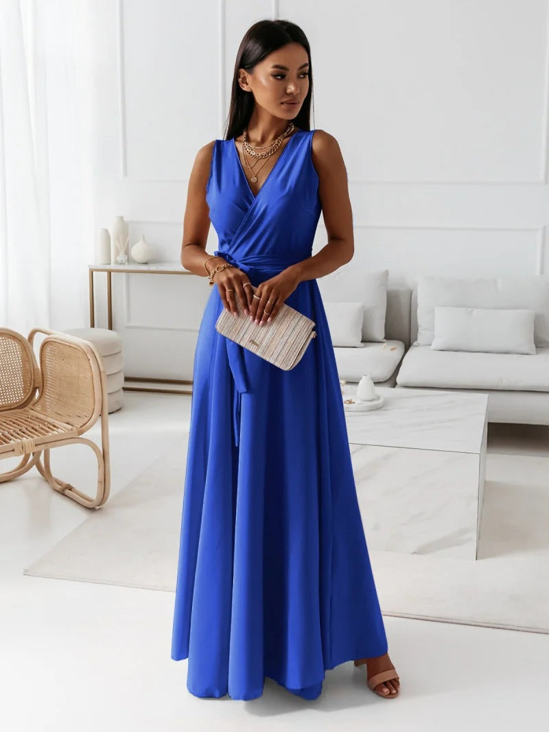 Noelia Solid Long Dress V Neck For Women Timeless Elegant Silhouette For All Occasions