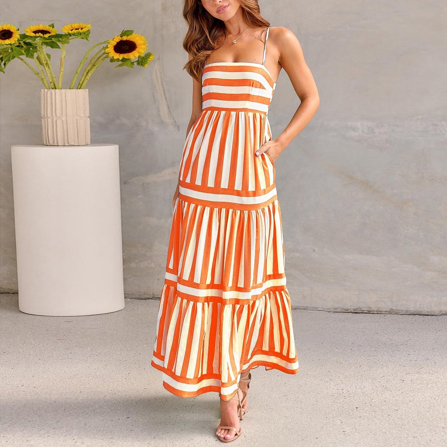 Solene Striped Lightweight Strap Dress For Women With Square Neck And Backless Design