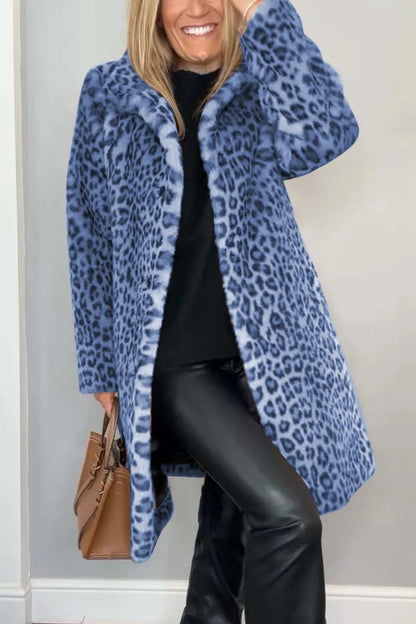 Leopard Print Faux Fur Coat Mid Length Soft Wool Feel Fabric With Spandex For Women Chic Cozy