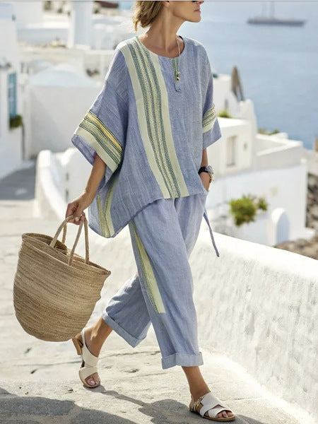 Ludmila Striped Loose T Shirt And Fluid Straight Pants Chic Comfortable Summer Ensemble For Women