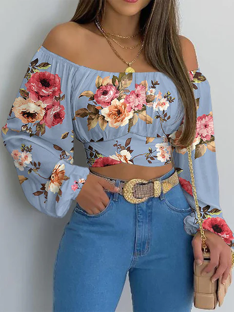 Off Shoulder Crop Top Boho Elegant Long Sleeves With Elastic Neckline Flattering Fit For Women