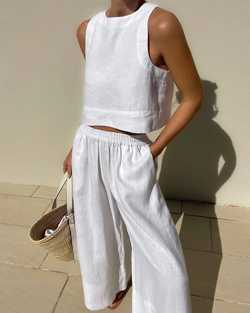 Joza Airy Linen Set For Women Breathable Crop Top And Wide Leg Pants Stylish Summer Outfit