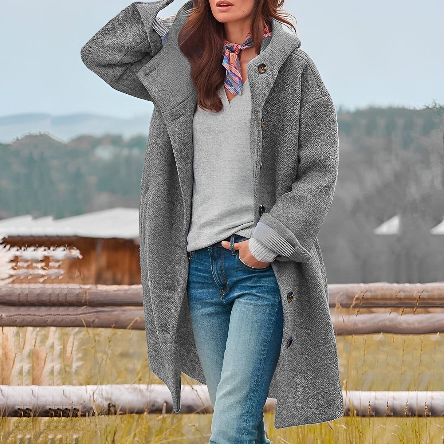 Layla Long Hooded Coat for Women Oversized Knit Winter Jacket with V Neck Soft Warm Casual Style