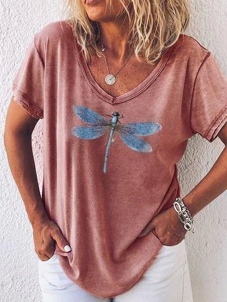 Women's Casual V-Neck Tee with Dragonfly Print and Short Sleeves - TrendAura