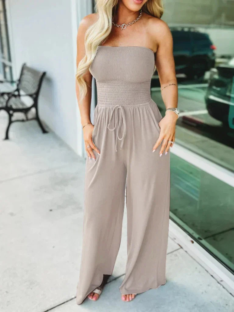 Women's Jumpsuit - Smock Top - Adjustable Waist - Wide Leg - Light and Comfortable