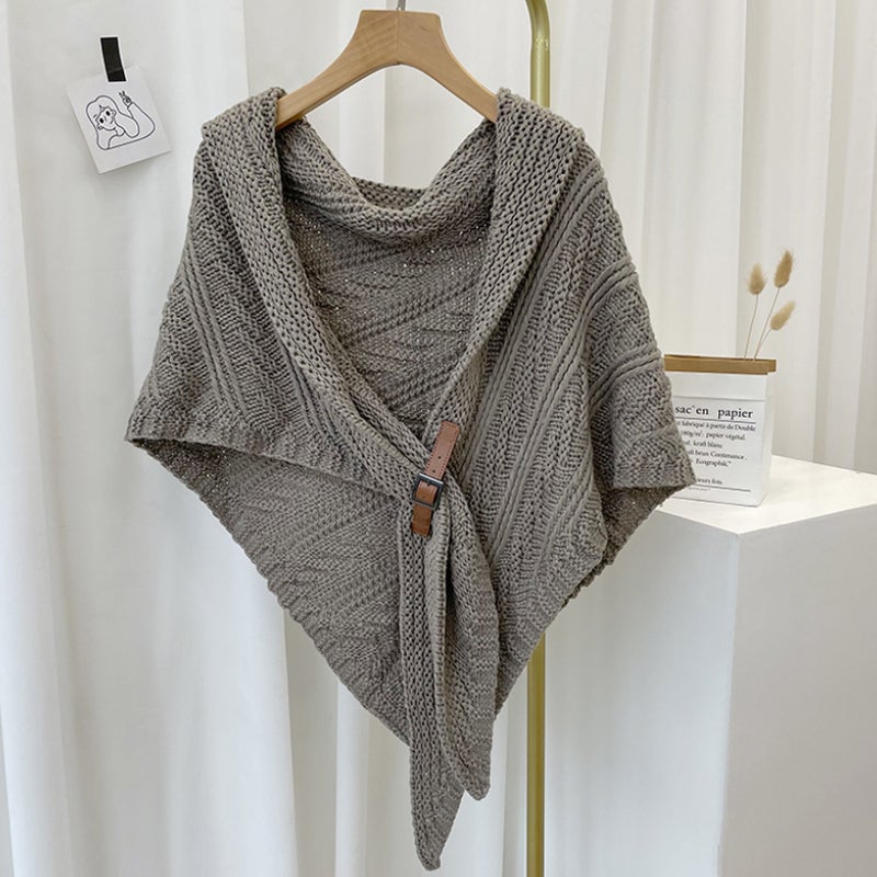 Triangle Knitted Shawl with Leather Loop