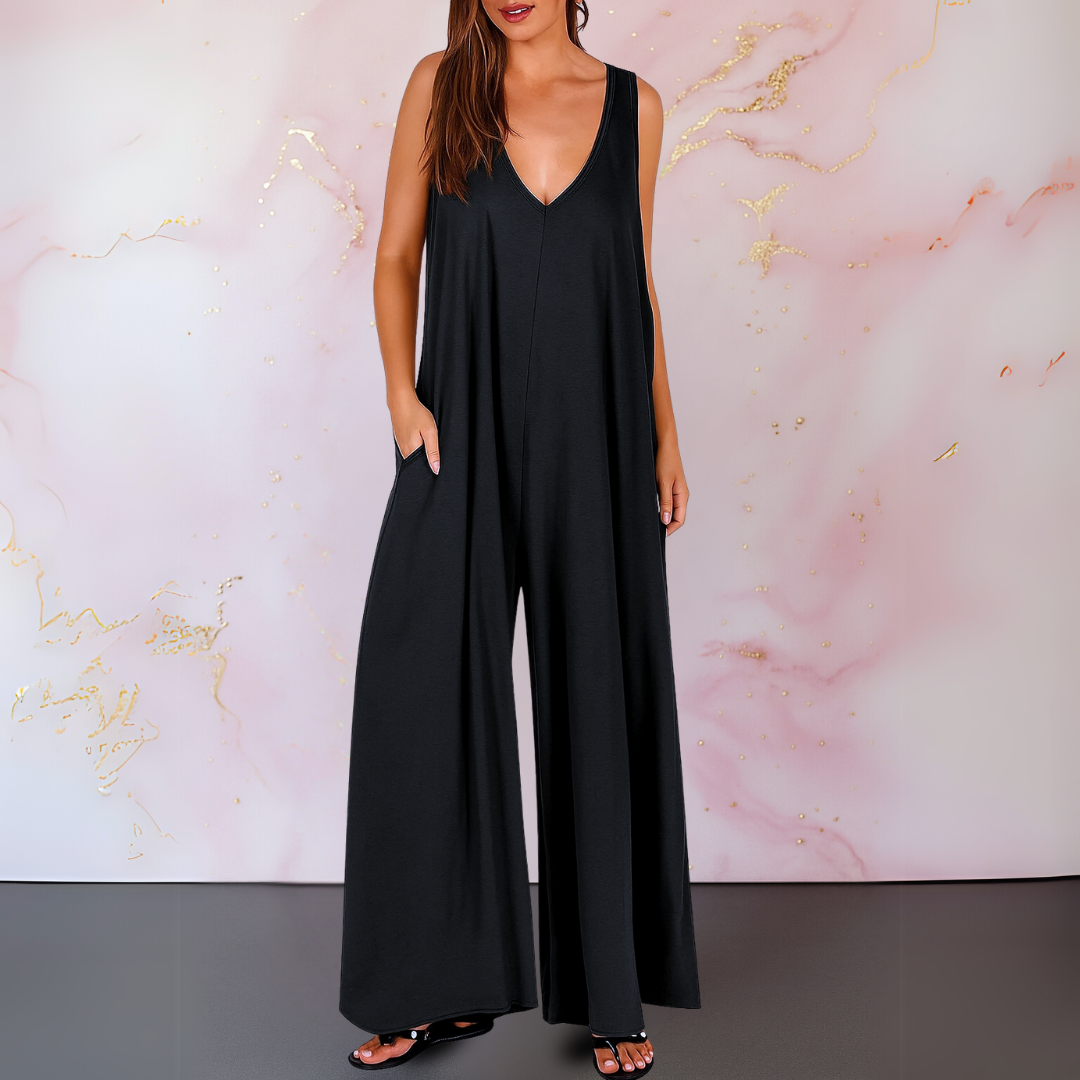 Women's V-Neck Sleeveless Jumpsuit with Wide Legs and Pockets - TrendAura