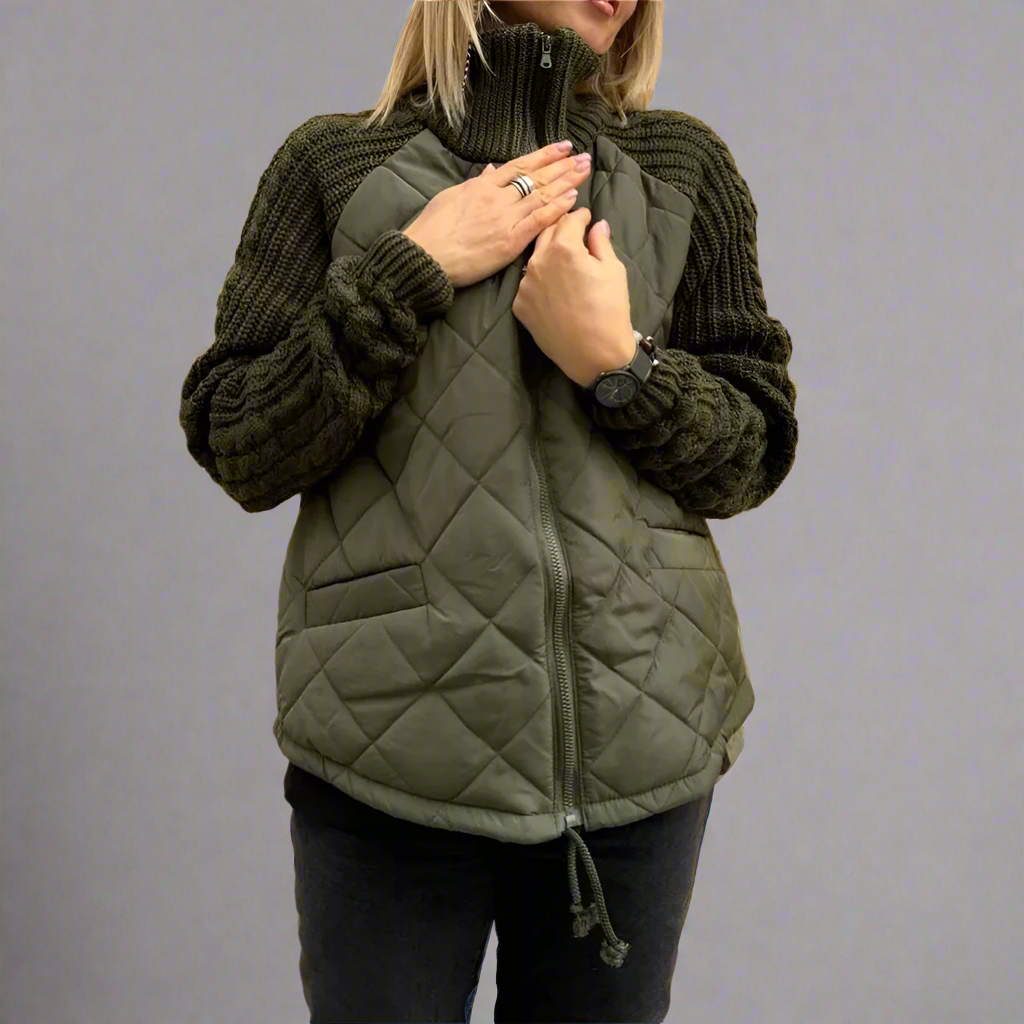 Quilted Jacket With Knit Sleeves For Everyday Casual Wear Cozy Warmth And Modern Style