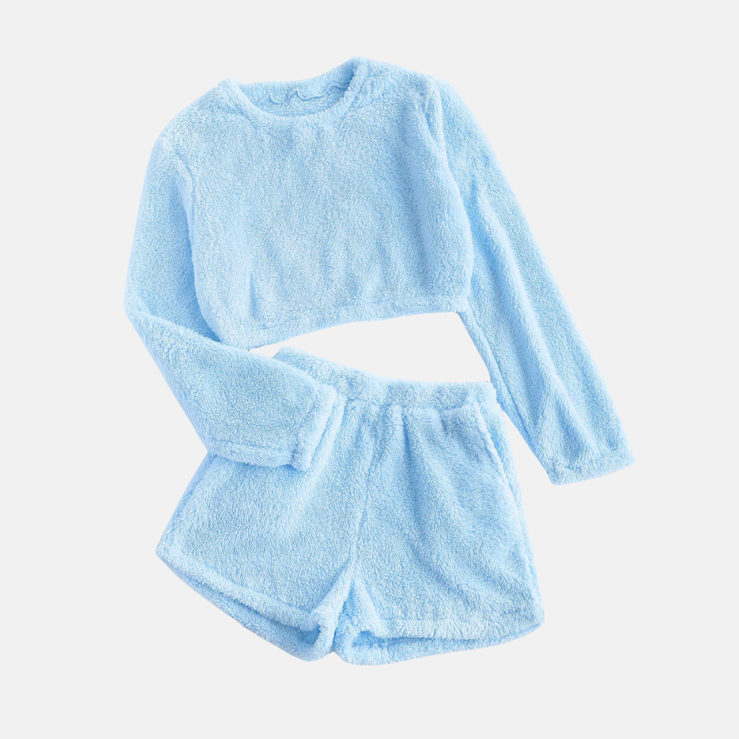 Women’s Two-Piece Loungewear Set – Textured Plush – Cropped Long Sleeve Top – High-Waisted Shorts