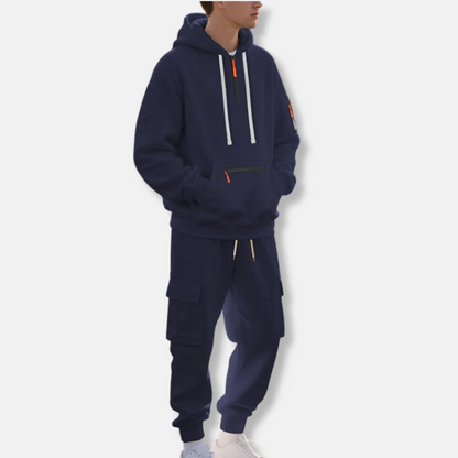 Men's Tracksuit Set With Relaxed Fit Half Zip Hoodie And Cargo Joggers With Drawstring Waist