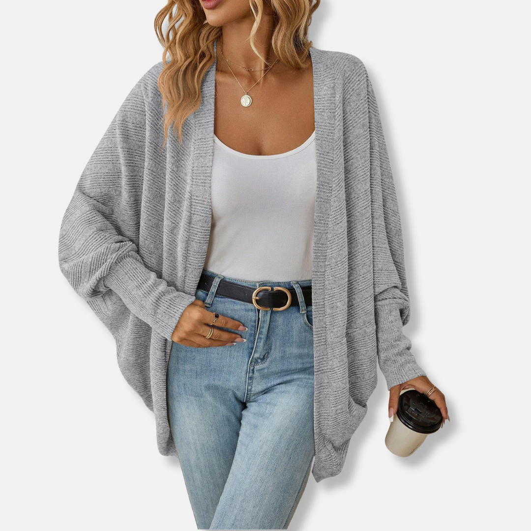 Women’s Cardigan - Ribbed Knit - Loose Fit - Batwing Sleeves - Open Front