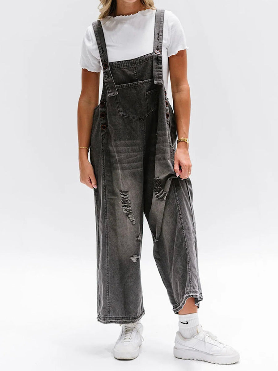 JANNIKE Wide Denim Overalls For Women Loose Fit Adjustable Straps Vintage Fade Look