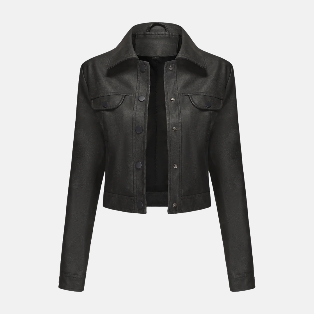 Women’s Cropped Jacket – Structured Fit – Woven Texture – Snap Front – Point Collar