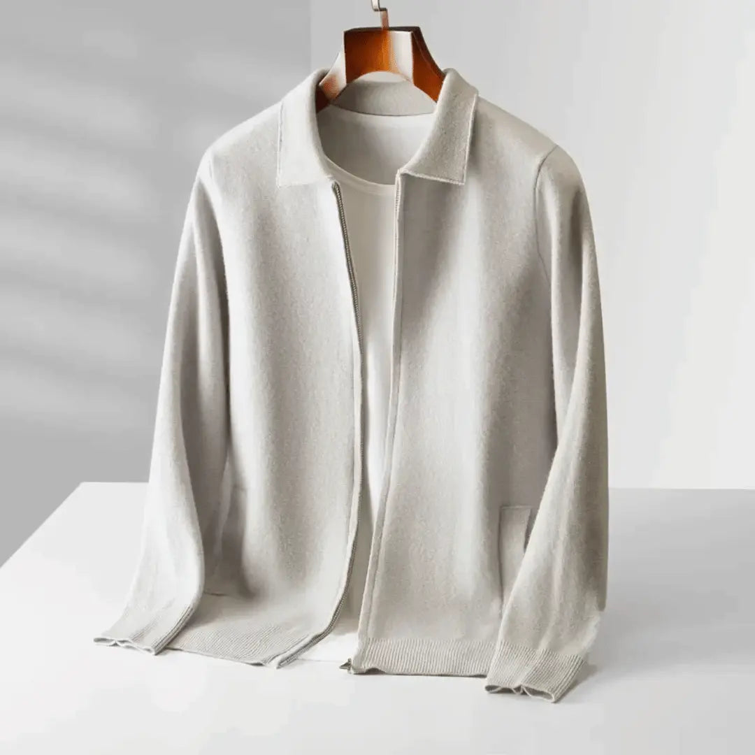 Emiliano Wool Zip Front Cardigan For Men With Relaxed Fit Collared Design And Long Sleeves