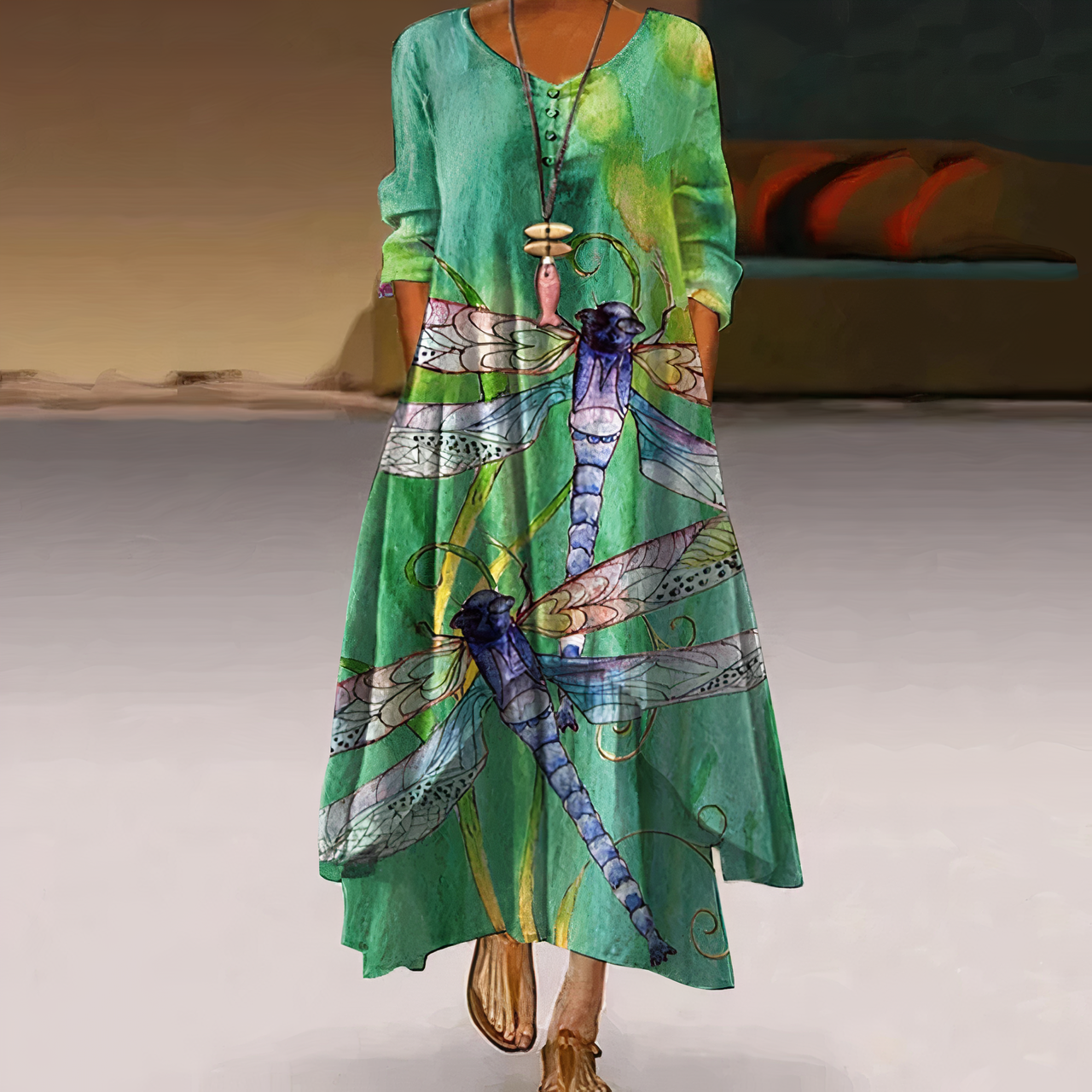 Mica Elegant Cotton Dress For Women With Pockets, Vintage Round Neckline, Long Sleeves