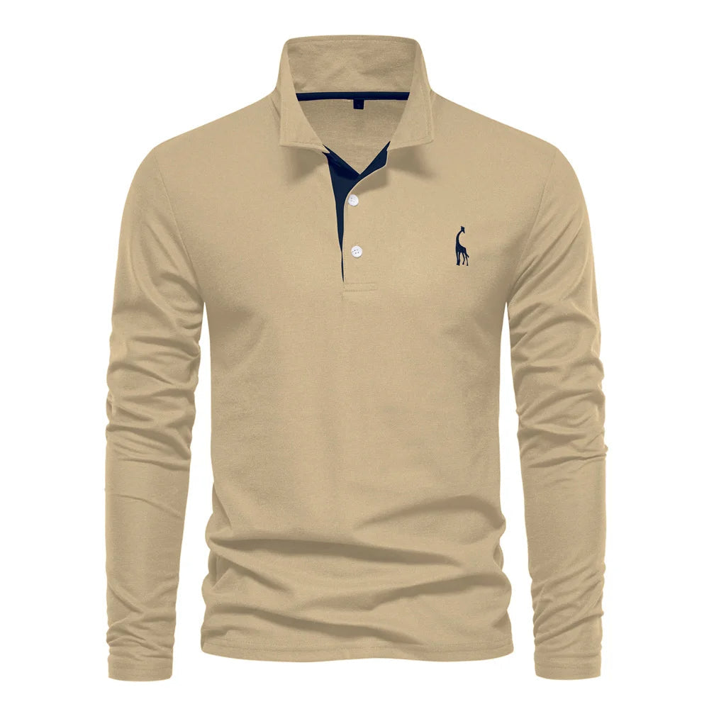Mens Long Sleeve Polo Shirt By Designer For Professionals With Refined Deer Embroidery And Smart Design