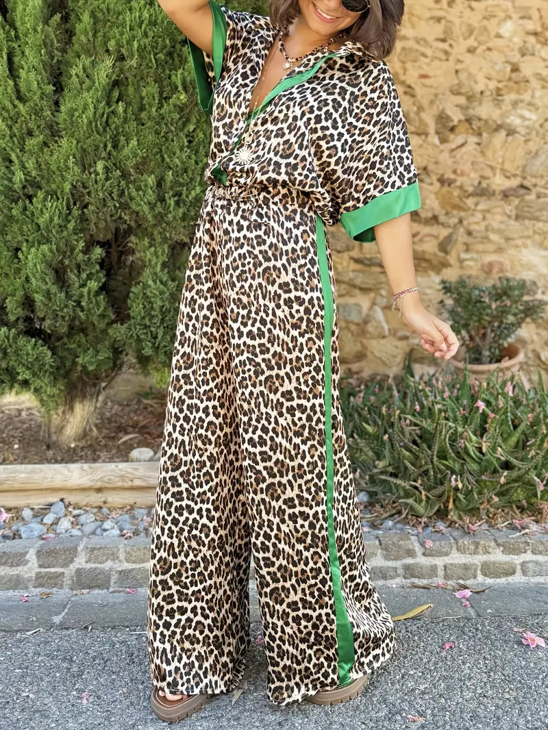 Women's Wide Leg Pants with Fluid Design and Leopard Print