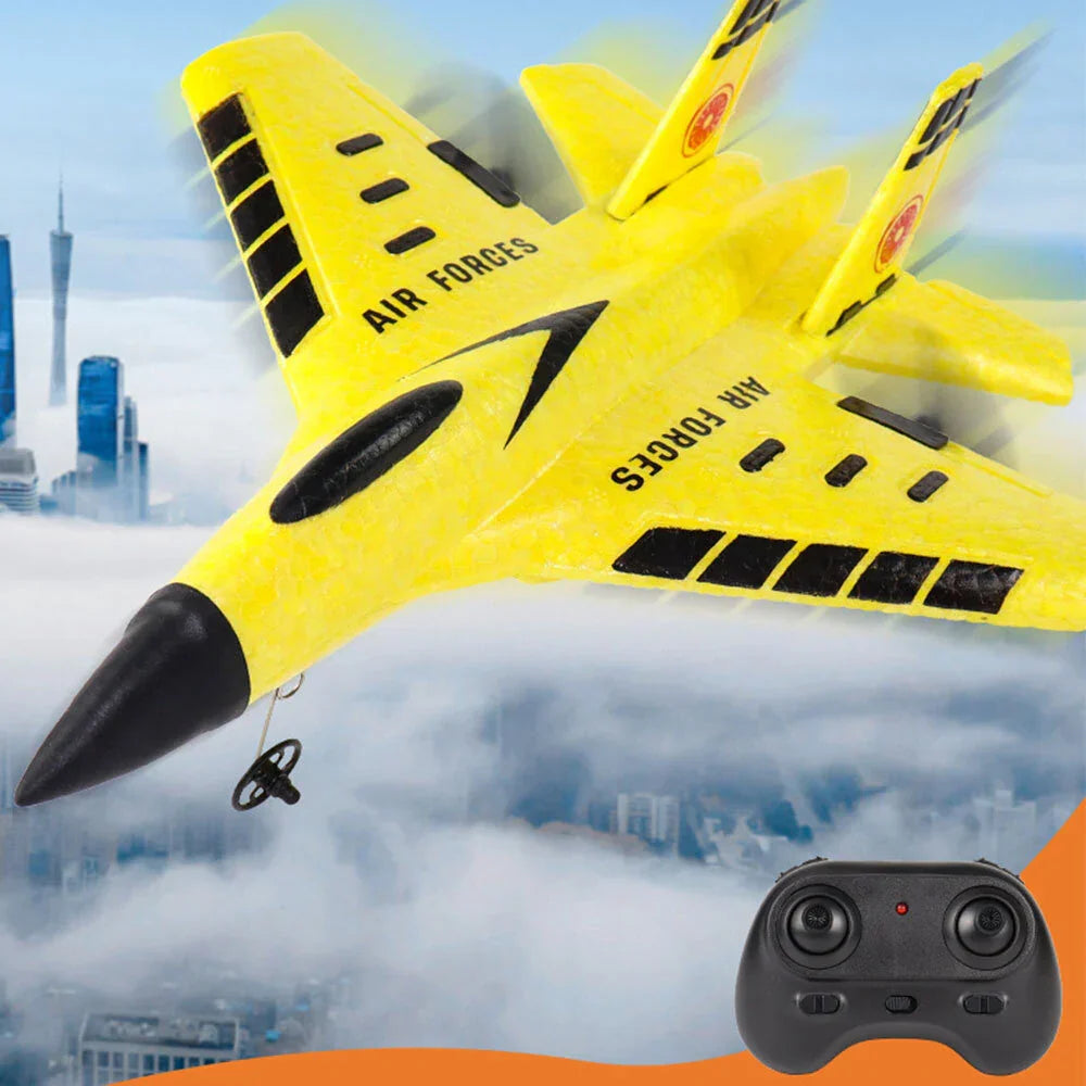 Avion de chasse RC RTF en mousse EPP avec gyroscope intégré et éclairage LED pour débutants - Jaune - TrendAura