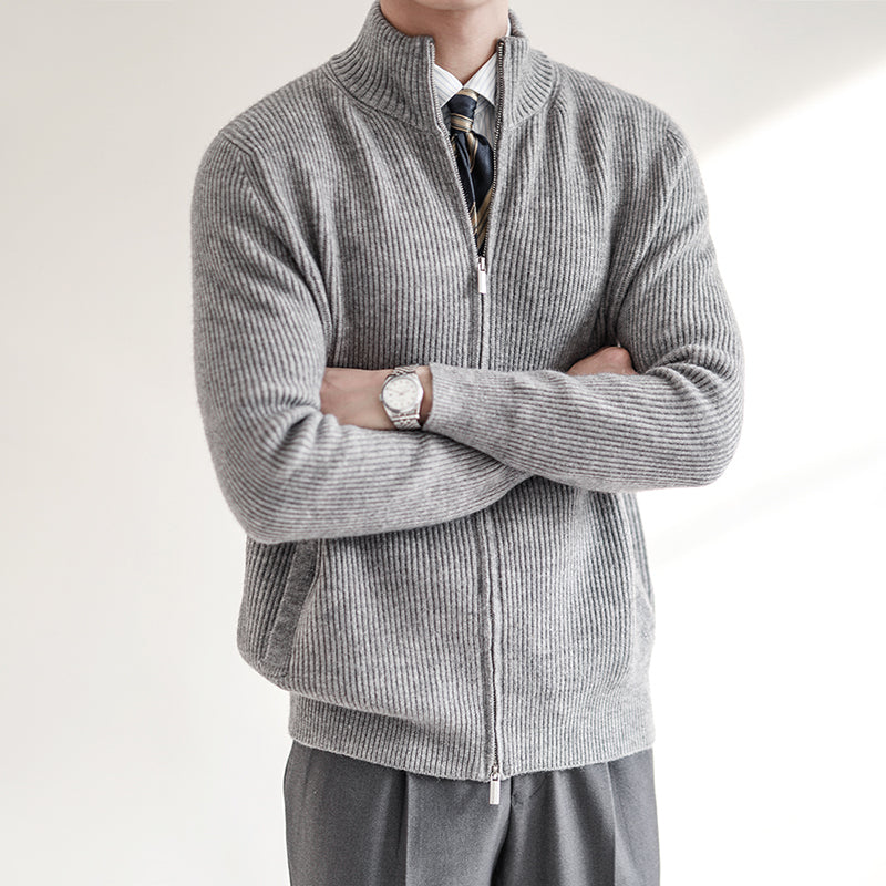 Mens Cardigan Slim Fit Wool Blend With Rib Knit Zipper Closure And High Collar For Men