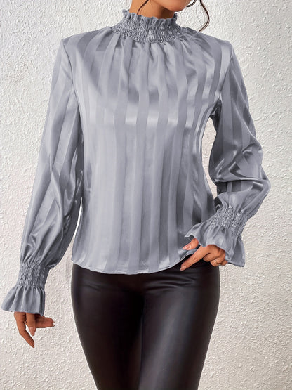 Women's Blouse - High Ruffle Collar - Long-Sleeved Smock Cuff - Glossy Satin Look