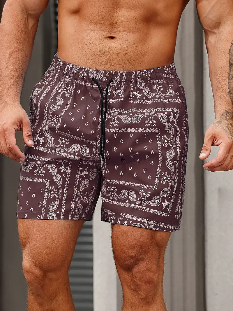 Men's Bandana Print Quick Dry Swim Shorts Mid Thigh Relaxed Fit Beach Pool Wear Essential
