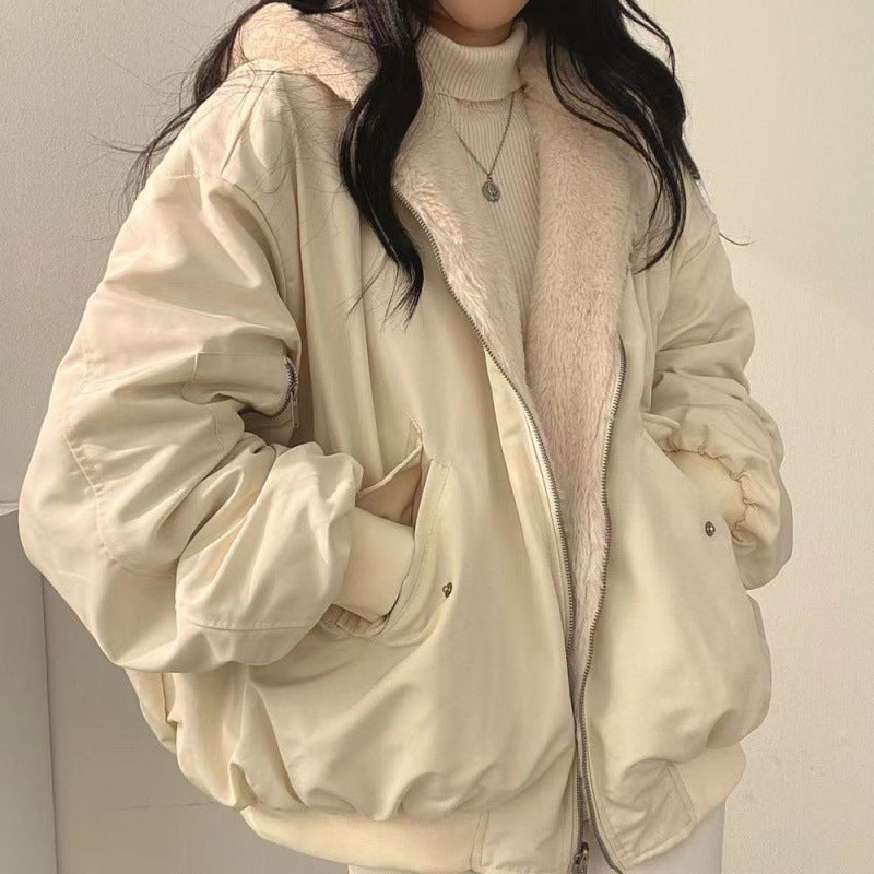 Winter oversized bomber jacket with sheep fleece lining
