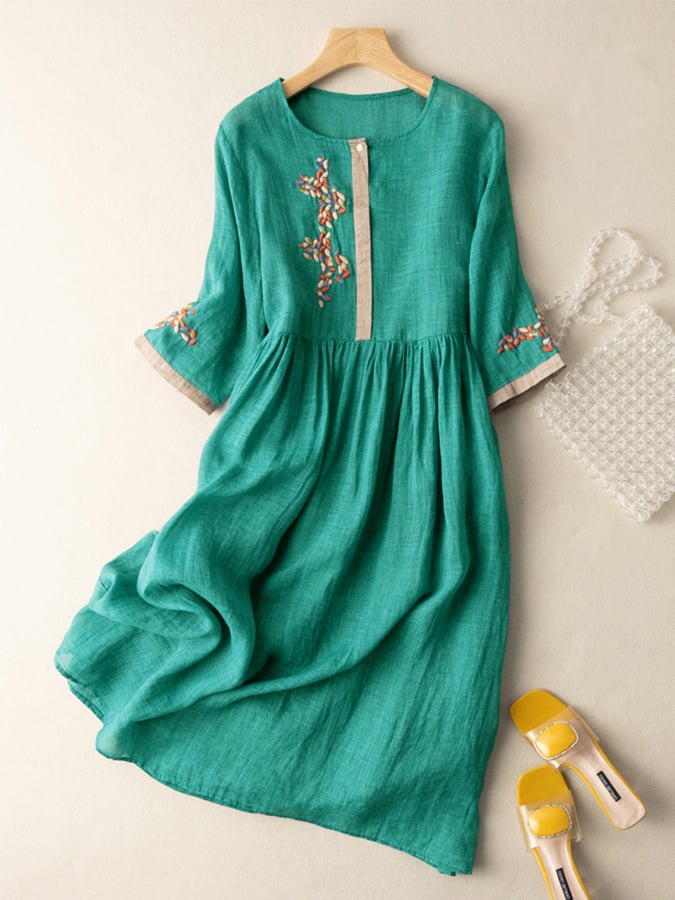 Women's Dress - Embroidered Cotton and Linen - Loose Fit - Button Closure - 3/4 Sleeves