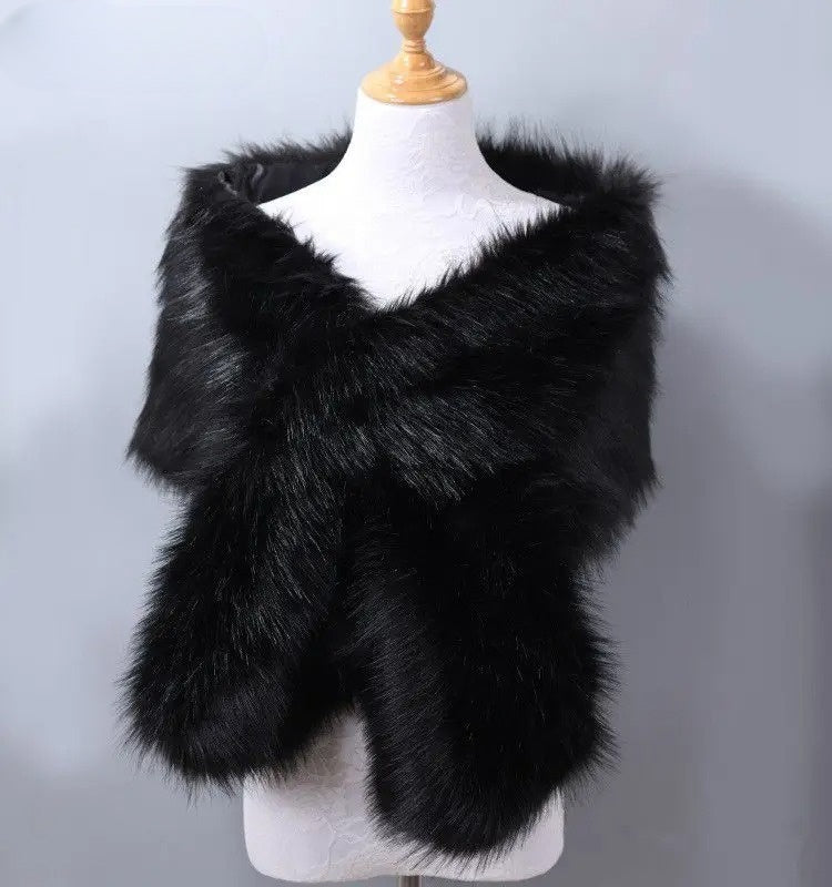 Plush Fur Trim Wrap Style Shawl | Solid Shoulder Coverage Shawl