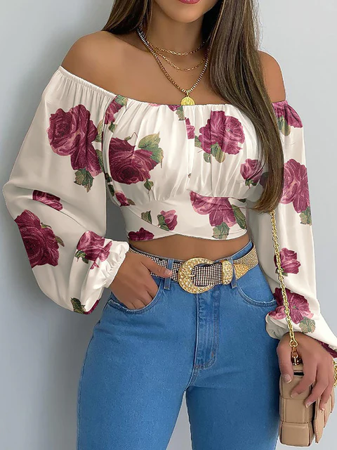 Off Shoulder Crop Top Boho Elegant Long Sleeves With Elastic Neckline Flattering Fit For Women