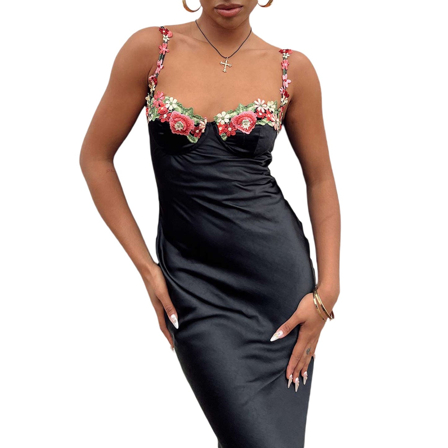 Women's Elegant Maxi Dress with Embroidery – Satin Slip Dress for Festive Occasions and Parties