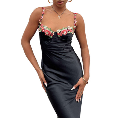 Women's Elegant Maxi Dress with Embroidery – Satin Slip Dress for Festive Occasions and Parties