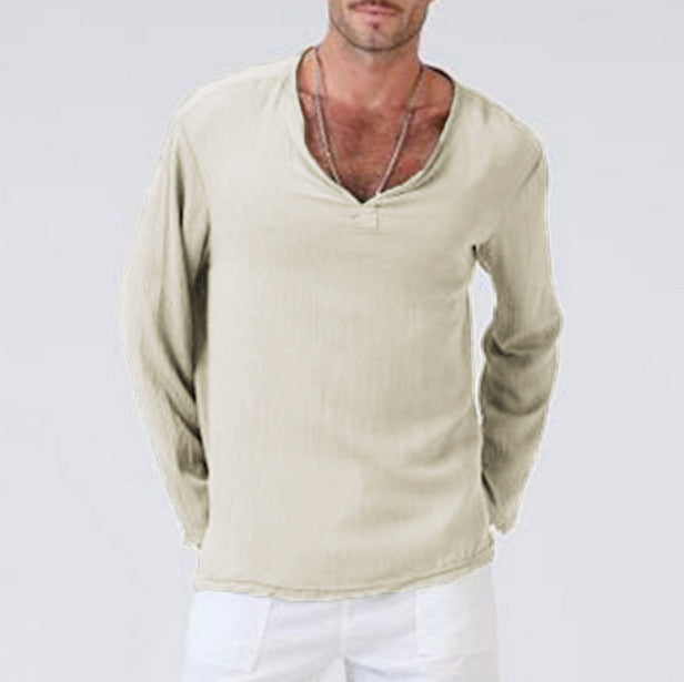 Men's Cotton Linen Blend T Shirt with V Neck Long Sleeve Relaxed Fit for Casual Wear