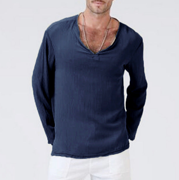 Men's Cotton Linen Blend T Shirt with V Neck Long Sleeve Relaxed Fit for Casual Wear
