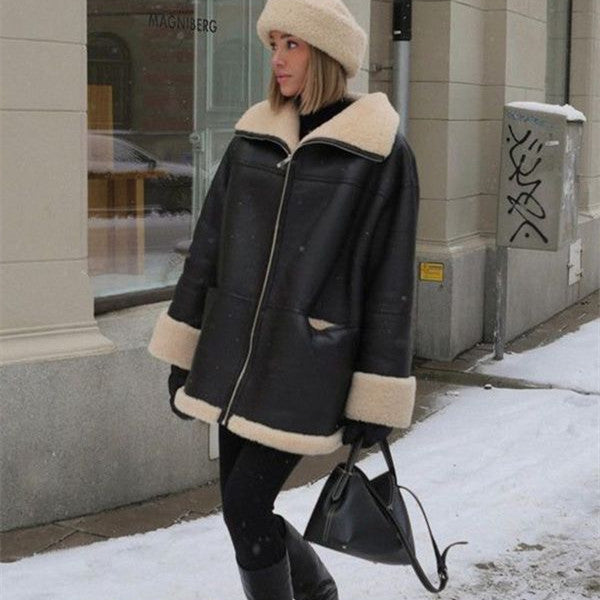 Sophie - Women's Winter Coat Made of Faux Leather Lined with Shearling