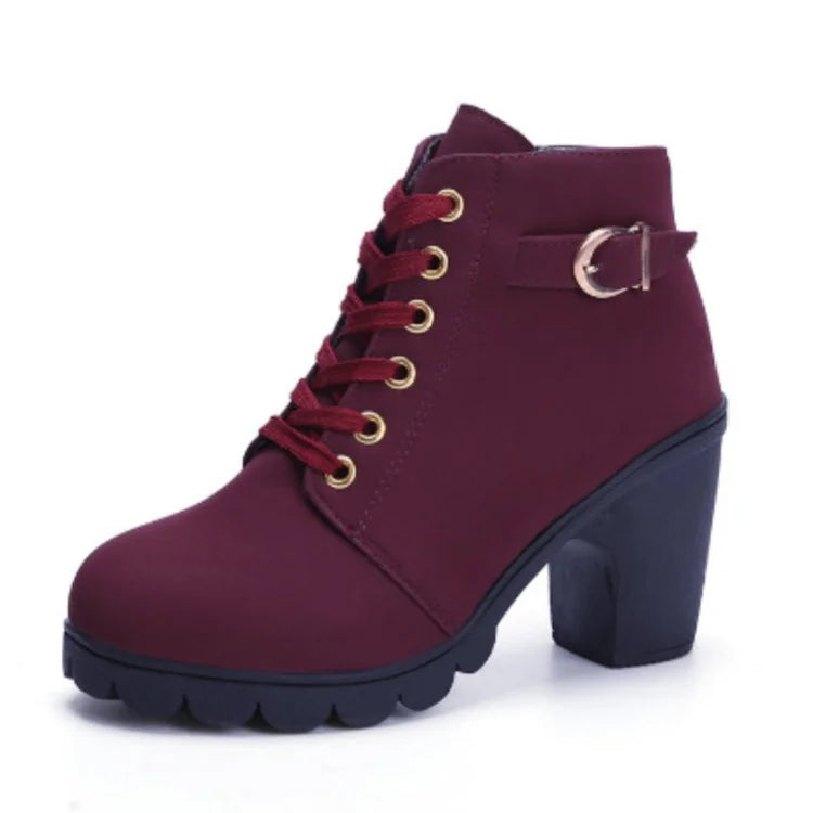Lunvéra Womens Lace-Up Ankle Boots Waterproof PU Plush Lining Warm Comfort With Stable Square Heel